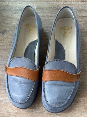 John Fluevog Blue and Brown Flats with Moccasin Stitching